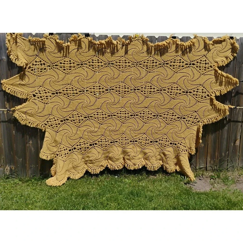 Vintage Mustard Yellow Crochet Afghan Blanket Pinwheel Starburst Fringe 112x65